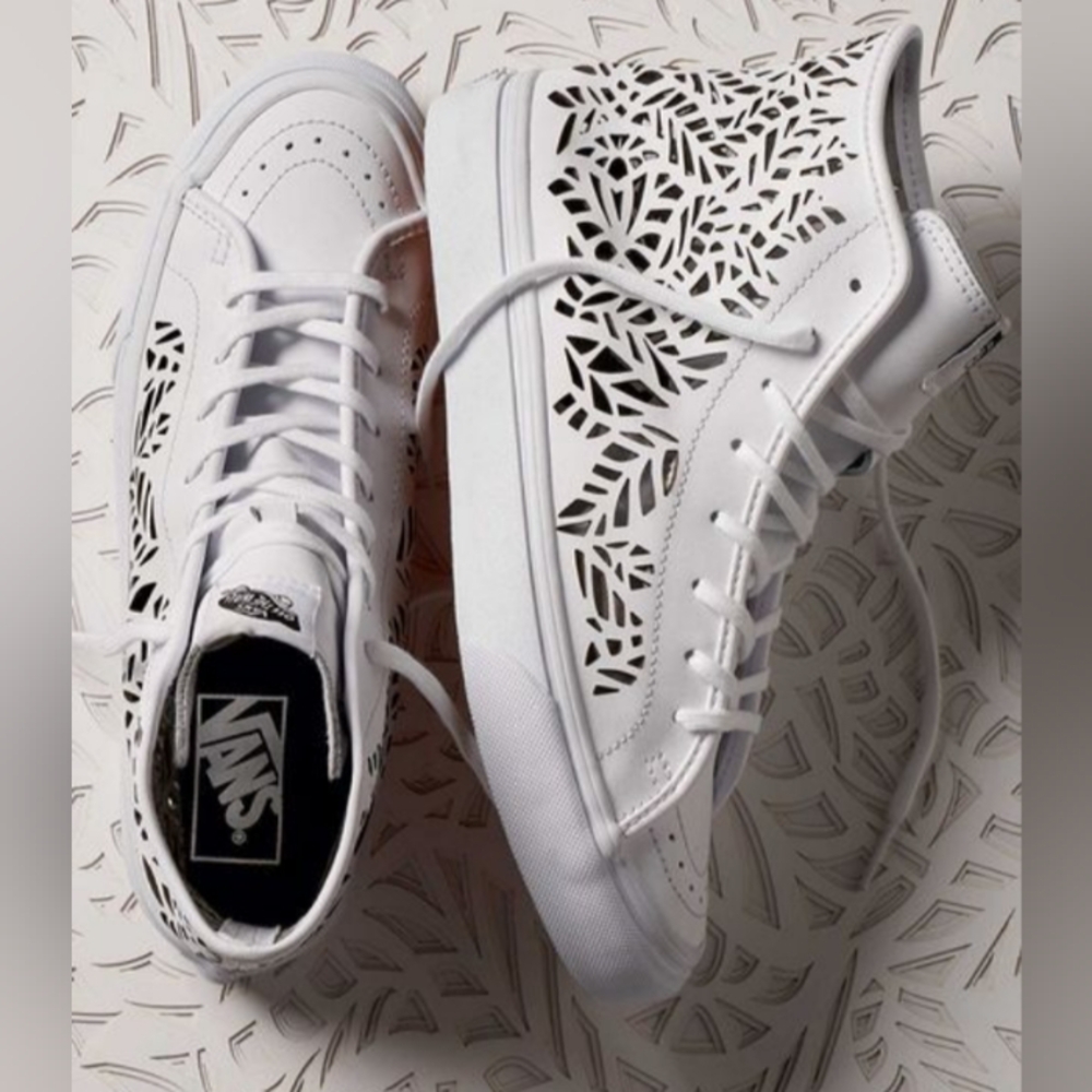 Authentic Vans White High-Top 100% Leather Sneakers with Cut-out Design